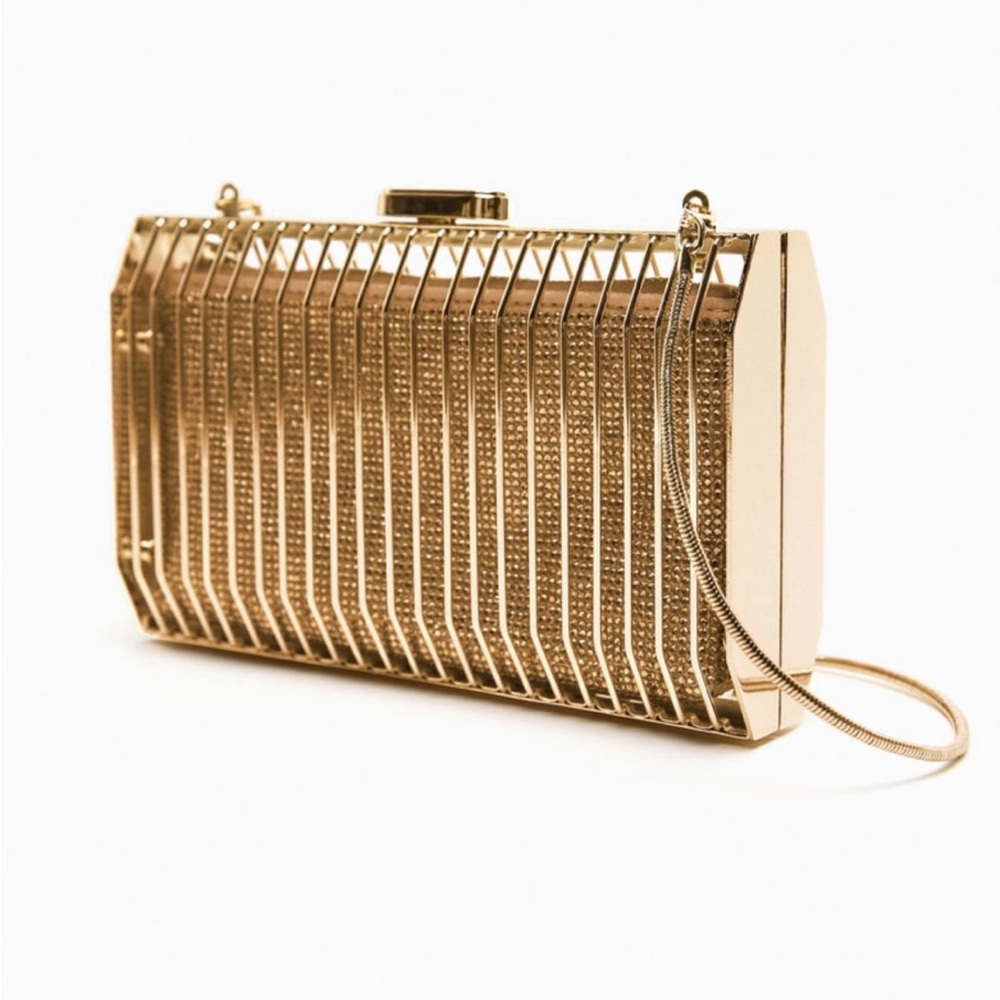 Zara gold rhinestone and metal box clutch NWT